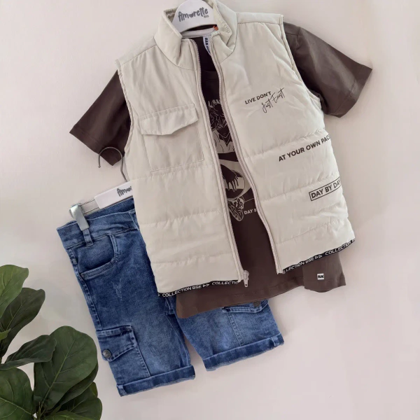 Quenota conjunto tres prendas niño chaleco camisa bermuda